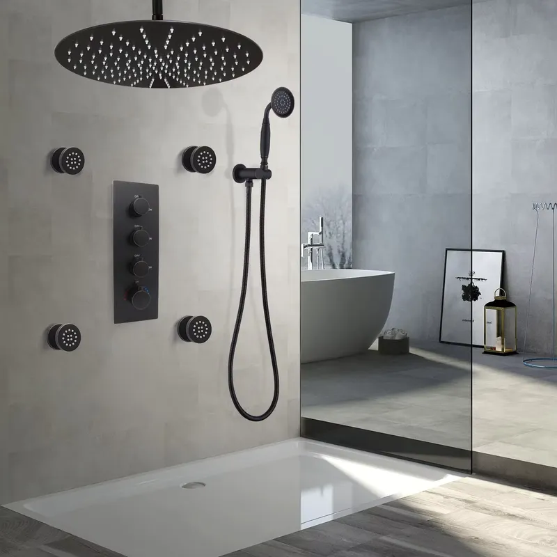 Spa & Wellness Jura Resort Centre De Loisirs Des Franches Montagnes - 4ピースマットブラックセラミック製流量調整可能真鍮シャワーボディジェットスパソフトコンテンポラリーデザインウォールスプレーヤーセット（ホテル用）